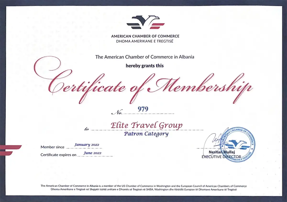 AMCHAM Certificate for Elite Travel Group