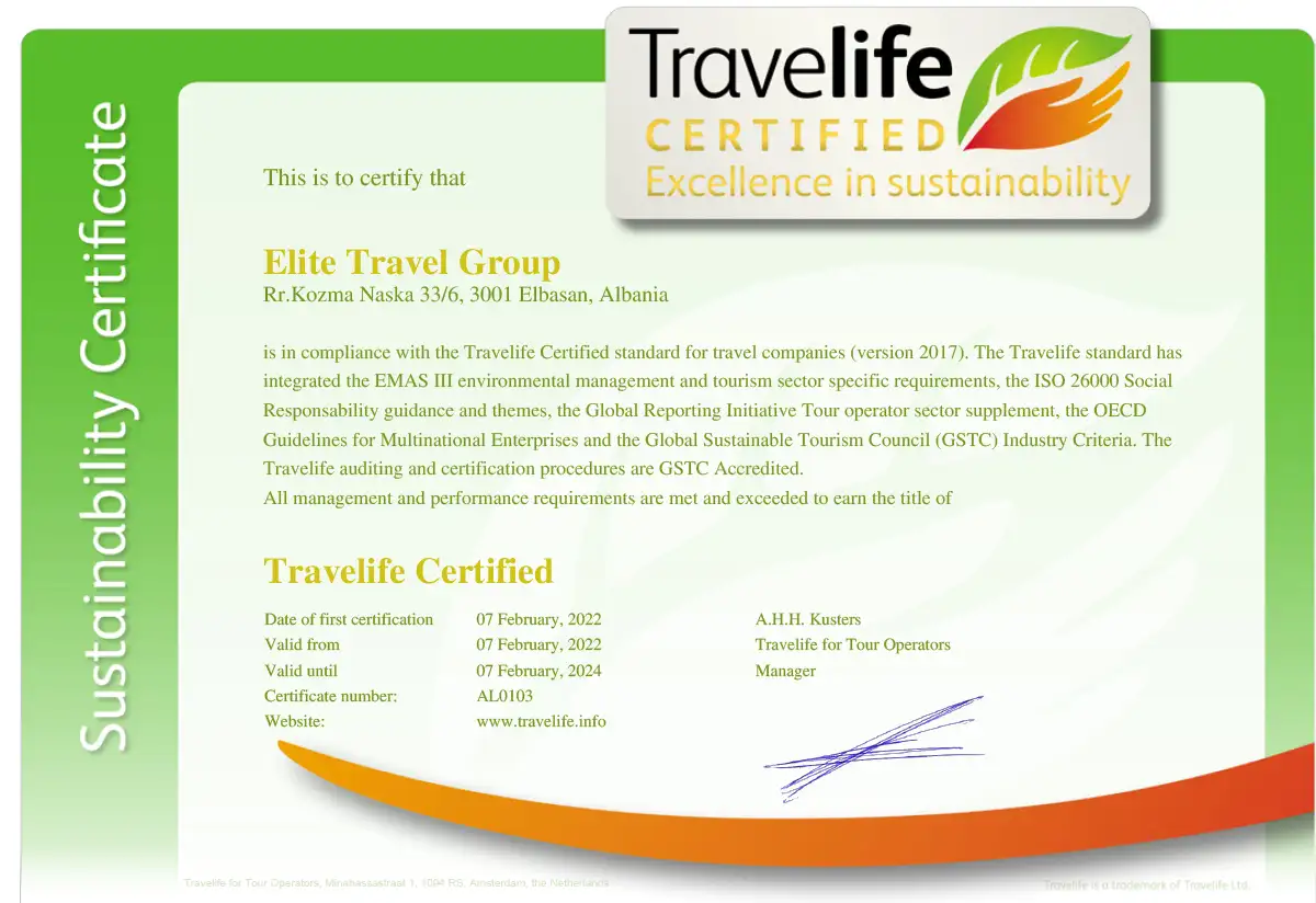 Elite Travel Group travelife company certificate