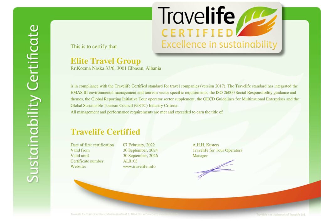 Elite Travel Group travelife company certificate 2024